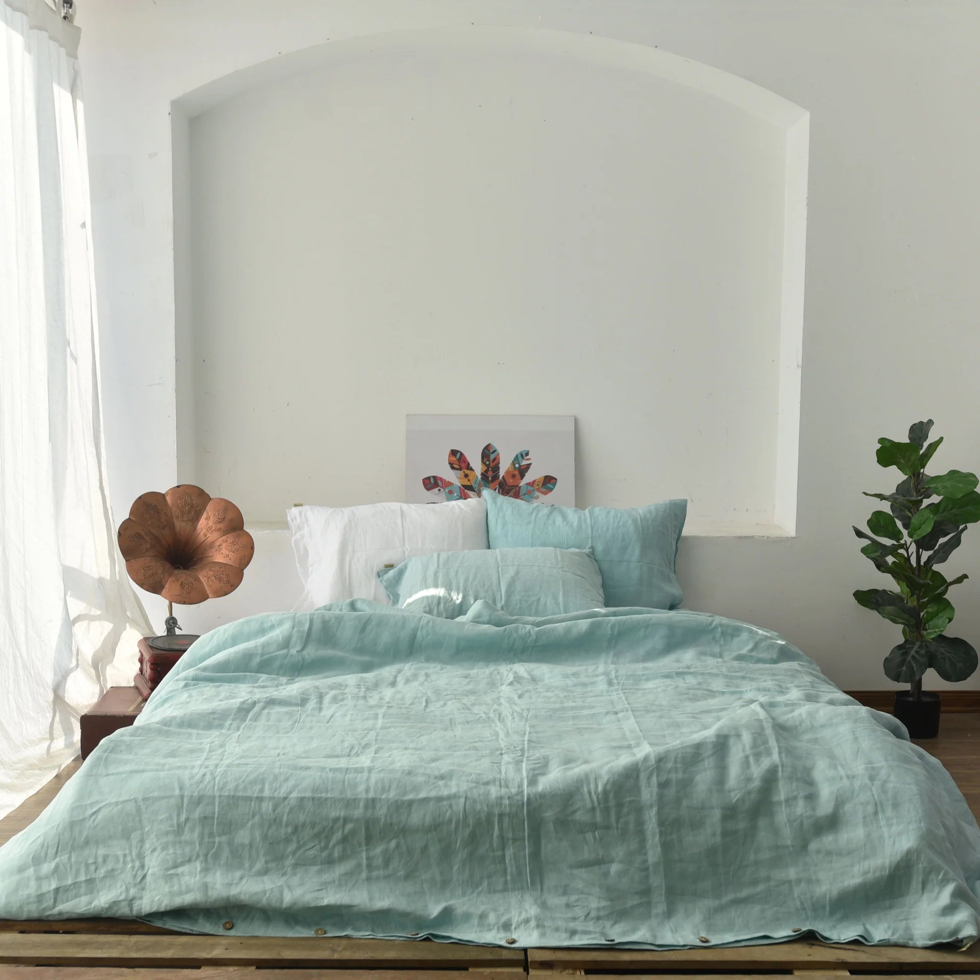 Mint Green French Linen Fitted Sheet Set - Deep Pocket with 2 Pillowcases