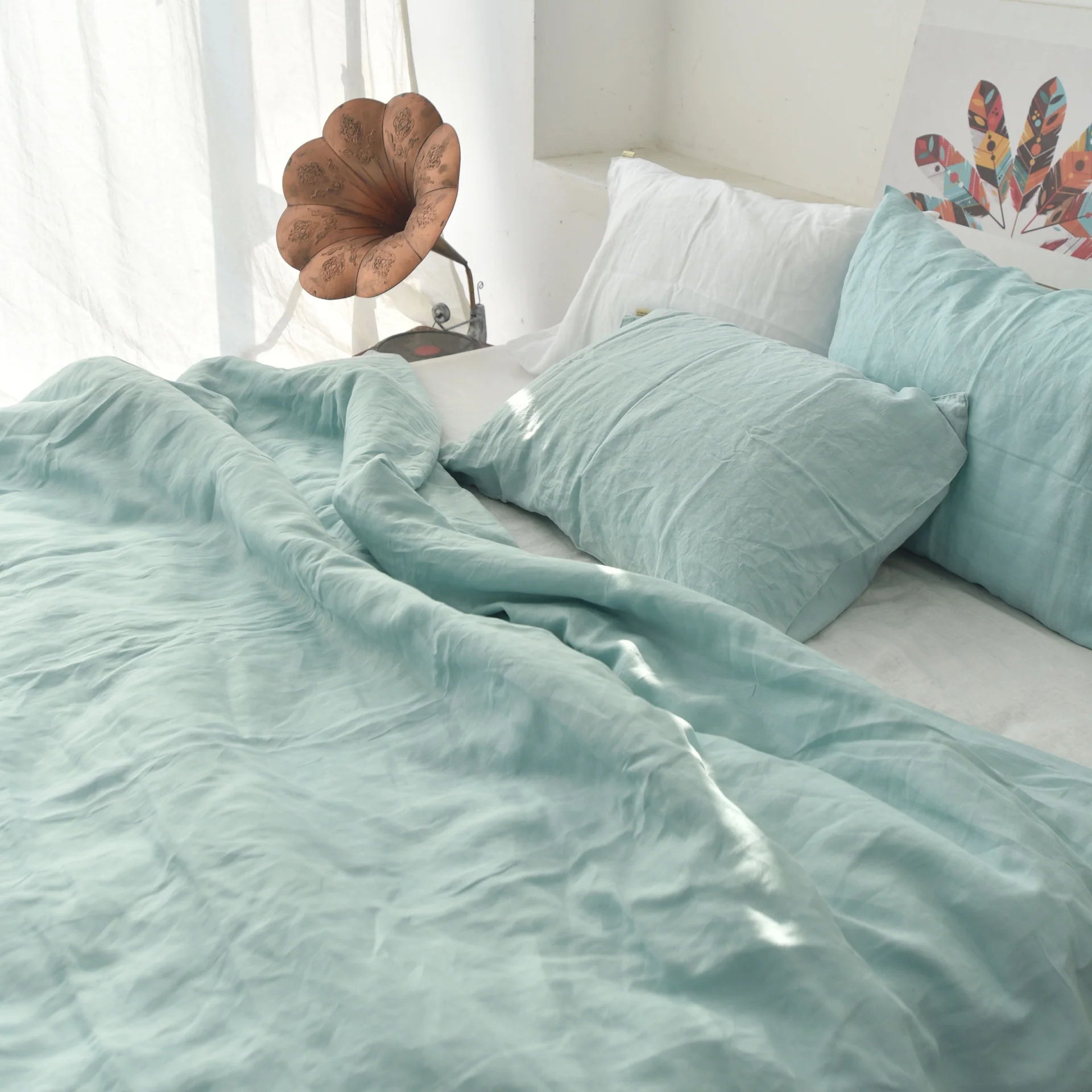 Mint Green French Linen Fitted Sheet Set - Deep Pocket with 2 Pillowcases