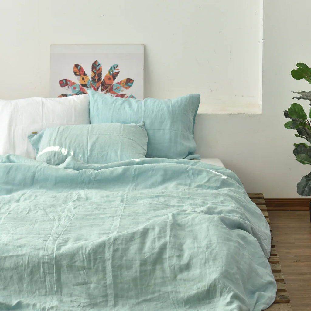 Mint Green French Linen Fitted Sheet Set - Deep Pocket with 2 Pillowcases