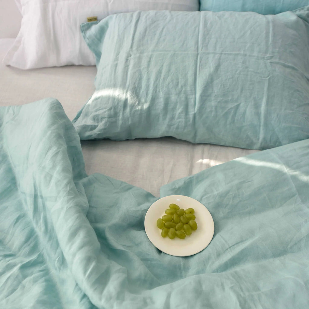 Mint Green French Linen Fitted Sheet Set - Deep Pocket with 2 Pillowcases